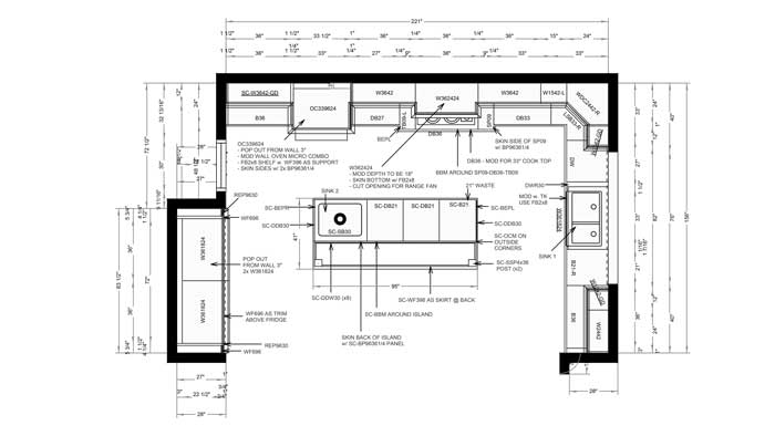 A kitchen floor plan above showing cabinets and island