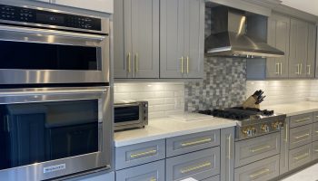 Grey kitchen cabinets white countertop